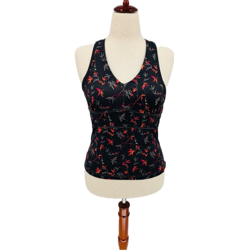 North Face Yoga Razor Back Top Womens Medium Black Orange Floral Athletic Tank